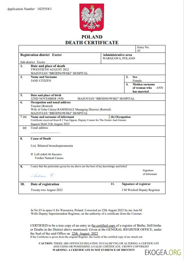 Modèle Word et PDF de certificat de décès en Pologne